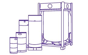 ReCycler™ Solvent Systems A line drawing illustration of various storage containers, including several cylindrical tanks of different sizes arranged around a larger tank on a stand.