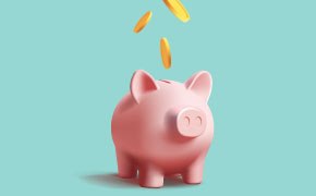Savings to make you smile A close-up image of a pink piggy bank with coins dropping into its slot.