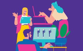 Shop, Share, and Collaborate with Shared Lists An illustration of three diverse individuals collaborating in a modern workspace. One person, a woman with long blonde hair, is holding a tablet and speaking animatedly. Another woman with blue hair is pointing at a laptop, while a man sits at a desk, looking at a computer screen displaying images.