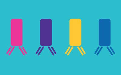 Antibody Phage Display Cartoon illustration showing four phages in pink, purple, yellow, and blue displaying antibody Fab fragments on their surfaces