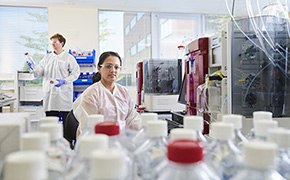 Analytical Development Services One male and one female scientist working in an analytical development lab for biologics preparing and analyzing samples with many bottles with white and red caps.