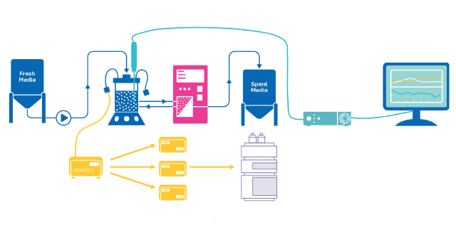 <p>On-line HPLC as PAT Tool in Bioprocessing</p>
 Graphic demonstrating how direct access to on-line high-performance liquid chromatography (HPLC) data can empower advanced process control.