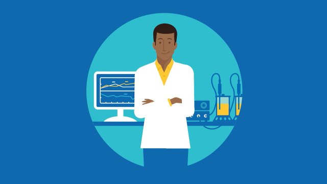 <p>Raman PAT Platform</p>
  Scientist standing in front of a computer monitor displaying graphs and a table with medical equipment, all encapsulated within a circular blue background.