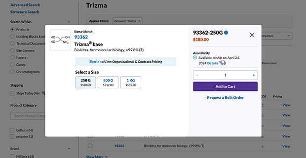 Enhanced Pricing & Availability view in Search  Modal View of the enhanced Pricing & Availability view in Search showing a simpler view of the product details