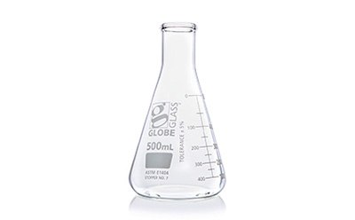 Globe Glass Erlenmeyer Flasks Glass Erlenmeyer Flasks 500ml with dual graudation, Narrow Mouth, from company Globe Scientific