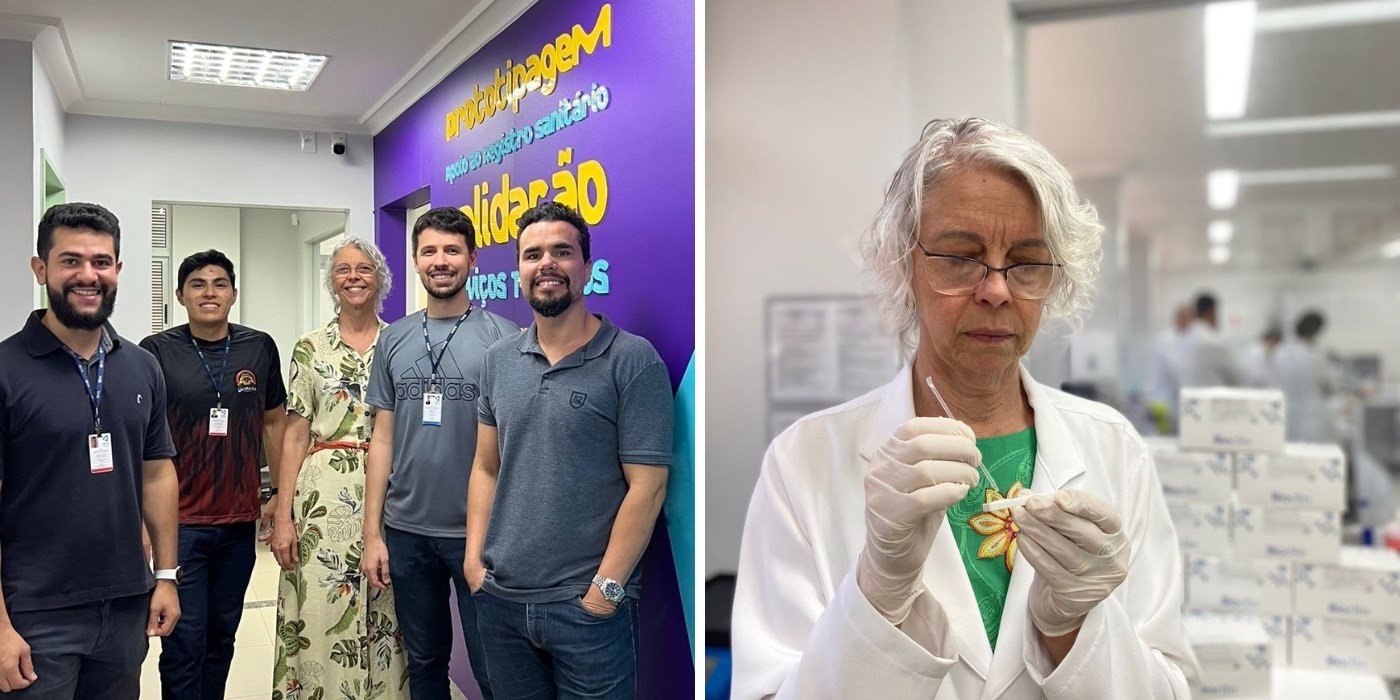 Dr. Samira team (L) A group of researchers stand outside a laboratory. (R) Dr. Bührer wears a lab coat, gloves and holds a rapid test for Hansen’s disease in her hand. She is looking down and holding a swab.