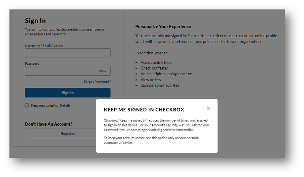 Keep me signed in checkbox information full screen 