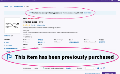 Previous Purchase Banner Product Detail Page Screenshot of Millipore Sigma product detail page showing previous purchase banner