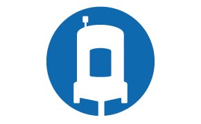 A white bioreactor silhouette inside a blue circle, symbolizing bioprocessing technology.