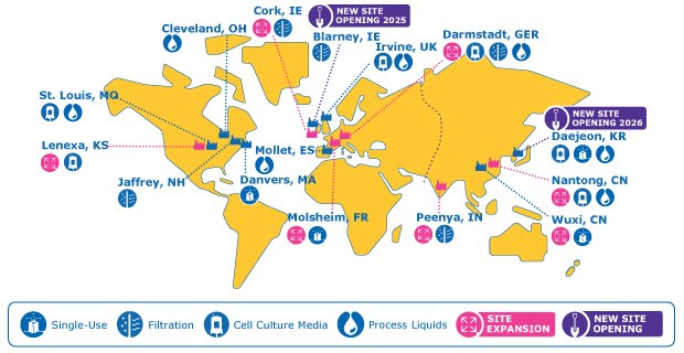 This image shows a map of our filtration, cell culture media, process liquids, single-use manufacturing sites across Americas, EMEA, and APAC regions.