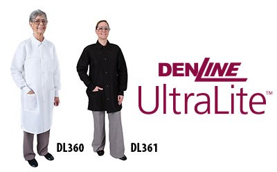 UltraLite™ Most Breathable Two persons wearing protective lab coats from DenLine®: UltraLite™ Most Breathable Long Length and Mid Length