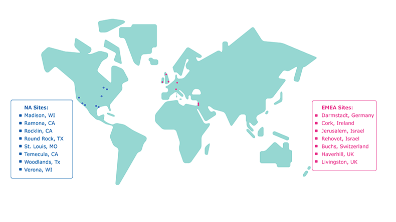 world map showing major North American and European and Middle Eastern IVD assay component development and manufacturing sites world map showing major North American and European and Middle Eastern IVD assay component development and manufacturing sites