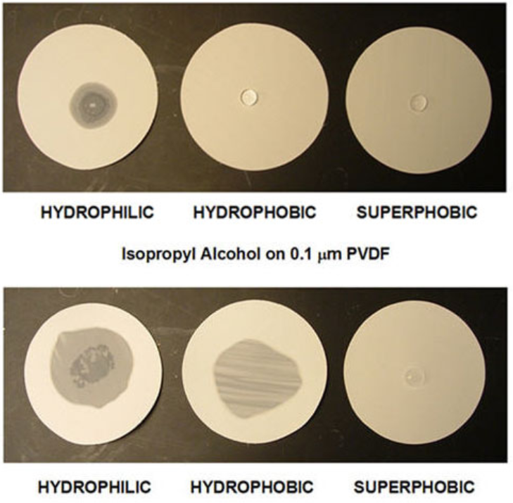 While a drop of water can wet out only a hydrophilic membrane, rendering it translucent, a drop of isopropyl alcohol can wet out both hydrophilic and hydrophobic membranes, but not a superhydrophobic membrane. Water droplets on hydrophilic, hydrophobic, and superphobic membrane filters