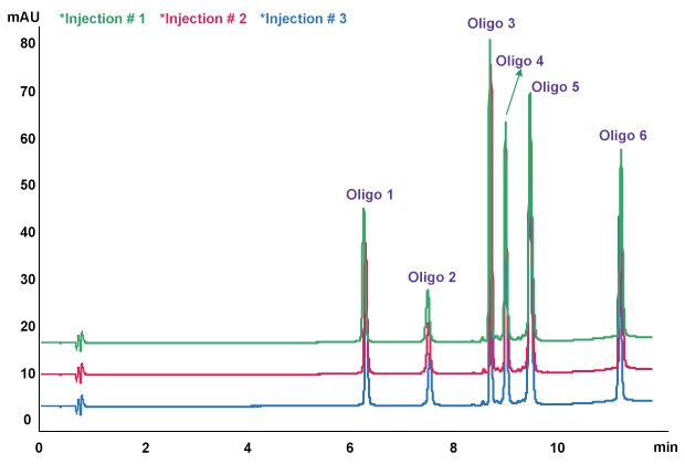 Oligo Standard 6 separation on Chromolith® High Resolution RP-18e, 100 x 2.0 mm column An overlay of three injections showing Oligo Standard 6 separation on Chromolith® High-Resolution RP-18e, 100 x 2.0 mm column with 3 µL of injection volume