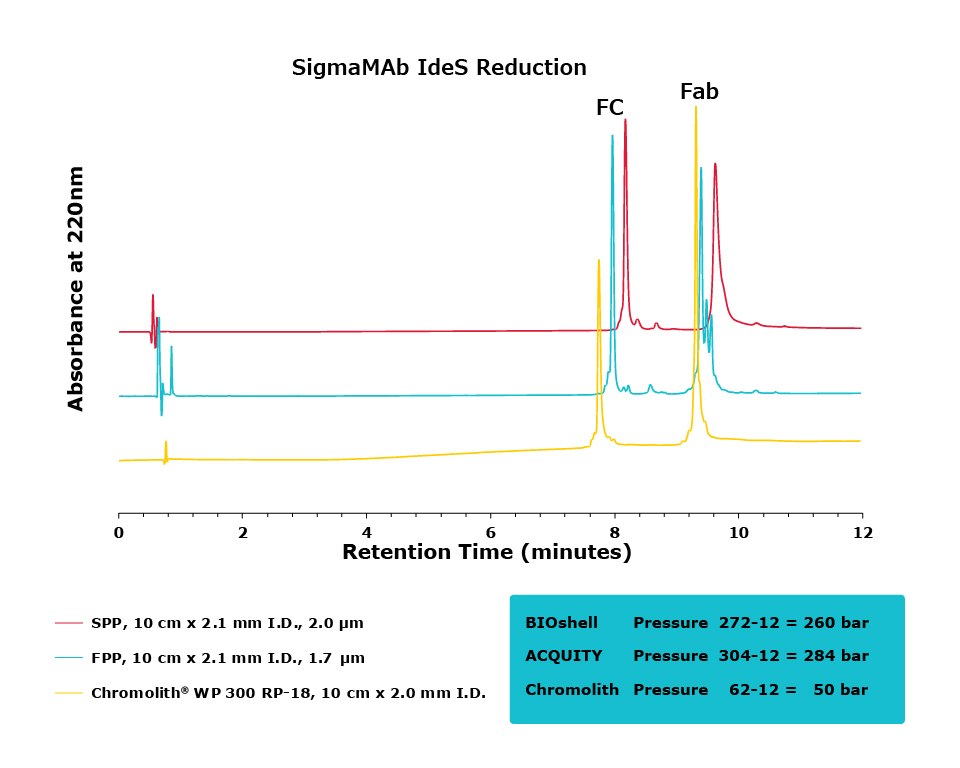 IdeS Reduced Sigma MAb Comparison Comparison of separation performance between Chromolith®, a SPP, and an FPP-packed column in analyzing IdeS reduced Sigma MAb