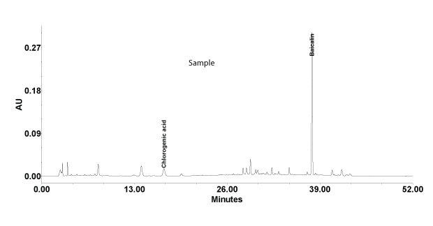 HPLC profile of compounded Lonucerae Japonicae Flos Chromatogram of compounded Lonucerae Japonicae Flos to analyze chlorogenic acid and baicalin analytes using Discovery® HS C18 HPLC column