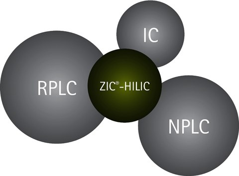 HILIC fills a gap in the chromatographic toolbox, but also partly overlaps with RPLC, NPLC, and IC separation techniques. Four overlapping circles with acronyms for various chromatography techniques. The circles are in shades of gray and green, with ‘RPLC’ on a gray circle, ‘IC’ on a green circle, ‘ZIC-HILIC’ at the center where they all intersect, and ‘NPLC’ on another gray circle.