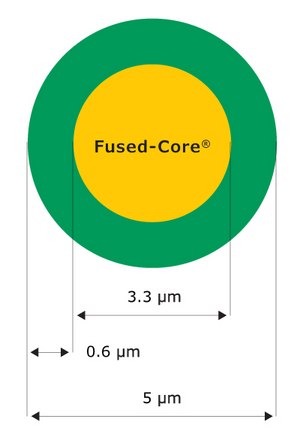 5.0 µm fused core particle An illustrative depiction showcases a 5.0 µm particle featuring a fused core design. The solid core, colored in yellow and measuring 3.3 µm, is encased within a green porous outer shell with a thickness of 0.6 µm.