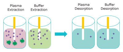 Representation of the extraction (left) of free unbound analyte from plasma (pink) and buffer (blue) onto the Supel™ BioSPME 96-Pin device and their release into the desorption solution (right). Representation of the extraction (left) of free unbound analyte from plasma (pink) and buffer (blue) onto the Supel™ BioSPME 96-Pin device and their release into the desorption solution (right).