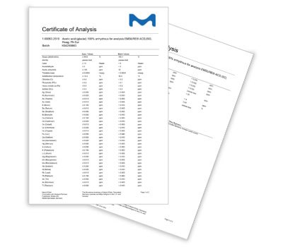 overlapping pages of a Certificate of Analysis (CoA) for an EMSURE® product, featuring the Merck logo prominently at the top. The document lists various analytical parameters and corresponding batch-specific values in a detailed table format. Each parameter includes measured values along with regulatory compliance limits for comparison. The impurity profile is thorough, emphasizing the high quality of EMSURE® products, which offer maximum specifications with minimal impurities.  overlapping pages of a Certificate of Analysis (CoA) for an EMSURE® product, featuring the Merck logo prominently at the top. The document lists various analytical parameters and corresponding batch-specific values in a detailed table format. Each parameter includes measured values along with regulatory compliance limits for comparison. The impurity profile is thorough, emphasizing the high quality of EMSURE® products, which offer maximum specifications with minimal impurities.