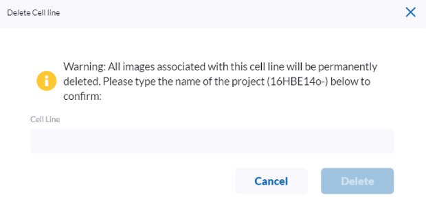 Delete Cell Line Screen Deleting all data associated with a cell line from the Millicell® DCI Digital Cell Imager