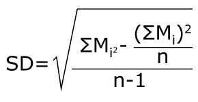 Equation to determine standard deviation (SD), defined as the square root of the sum of the mass of the individual weight measurements squared minus the sum of the mass of the individual weight measurements squared over the number of measurements, over n minus 1 Equation to determine standard deviation (SD), defined as the square root of the sum of the mass of the individual weight measurements squared minus the sum of the mass of the individual weight measurements squared over the number of measurements, over n minus 1