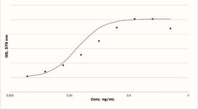 The EC<sub>50</sub> is defined as the effective concentration of SRP3050 that elicits a 50% cell growth in TF1 cell-based bioassay. Proliferation in a TF1 cell-based bioassays when GMCSF is added. The Y axis is optical density at 570 nm; the X axis is GMCSF concentration from 0.004ng/ml to 4 ng/ml. The trend line is a S shaped curve.