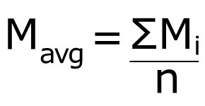 Equation to determine mean mass (M average), as defined by the mass of individual weight measurements in grams (M sub i) divided by the number of measurements (n). Equation to determine mean mass (M average), as defined by the mass of individual weight measurements in grams (M sub i) divided by the number of measurements (n).