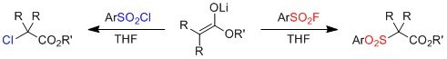 Exclusive reaction at sulfur: Sulfonyl fluorides react fast and, compared to sulfonyl chlorides, chemoselectively produce only sulfonylation products.1 Exclusive reaction at sulfur: Sulfonyl fluorides react fast and, compared to sulfonyl chlorides, chemoselectively produce only sulfonylation products.1
