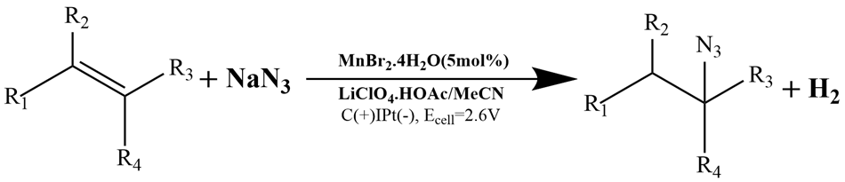 Transition metal salt catalyzed oxidation reaction<sup>15</sup>.  A chemical reaction involving the oxidation of a compound with multiple substituents, represented by a carbon-carbon double bond backbone with four attached groups labeled R1, R2, R3, and R4 upon reaction with sodium azide (NaN3). An arrow points to the right, indicating the direction of the reaction, with the catalyst MnBr2·4H2O noted above the arrow, alongside other reagents, including lithium perchlorate (LiClO4), acetic acid (HOAc), and acetonitrile (MeCN), along with specific electrochemical conditions, including a cell voltage of 2.6 volts. On the right side, the resulting product is shown, featuring two azide groups (N3) incorporated into the structure, with hydrogen gas (H2) as a byproduct. The entire illustration is rendered in black on a white background, providing a clean contrast that emphasizes the chemical structures and the details of the reaction conditions.