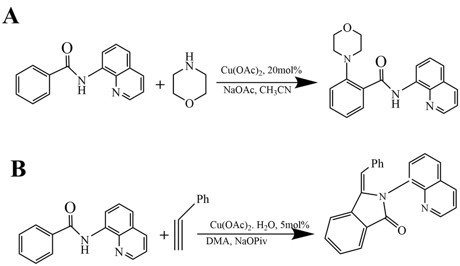 Cu(OAc)2 catalyzed electrochemical C–H functionalization with chelation in an undivided cell.<sup>17,18</sup> Two distinct sections labeled A and B, illustrating chemical reactions involving copper acetate (Cu(OAc)2) as a catalyst for C–H functionalization. In section A, the left side shows two reactants: one is a complex structure featuring an aromatic ring with a carbonyl group (C=O) and an amine group (–NH), connected to a second aromatic ring containing a nitrogen atom. The second reactant is a simple aromatic compound with a nitrogen atom and a hydroxyl group (–OH). An arrow points to the right, indicating the reaction's progress, with the catalyst Cu(OAc)2 noted as 20 mol% and sodium acetate (NaOAc) in acetonitrile (CH3CN) listed below the arrow. The product, depicted on the right, is a new structure that combines elements from both reactants, showing additional connectivity between the nitrogen and oxygen atoms. Section B features another reaction setup, where the left side displays a similar initial structure as in section A, paired with a phenyl group (Ph) and an alkyne (a carbon-carbon triple bond). Again, an arrow indicates the reaction's progression, noting Cu(OAc)2 with a lower catalyst concentration of 5 mol%, along with water (H2O), dimethylacetamide (DMA), and sodium pivalate (NaOPiv) as reaction conditions. The resulting product on the right showcases a modified structure that incorporates the phenyl group, emphasizing the functionalization achieved. The entire image is rendered in black on a white background, ensuring clarity and contrast for the chemical structures and their transformations.