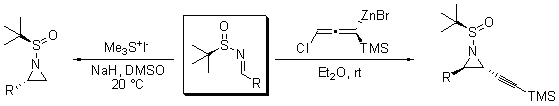 sulfinamides-scheme2 A chemical reaction diagram illustrating the transformation of a sulfur-containing compound. The diagram shows a central structure with a sulfur atom (S) bonded to nitrogen (N) and two functional groups (R). The reaction pathway includes reagents such as trimethylsulfonium (Me₃S⁺), sodium hydride (NaH), and dimethyl sulfoxide (DMSO) at 20°C. Further steps involve zinc bromide (ZnBr) and a terminal alkyne (TMS) in diethyl ether (Et₂O) at room temperature (rt), leading to the formation of a new sulfur-containing compound on the right.