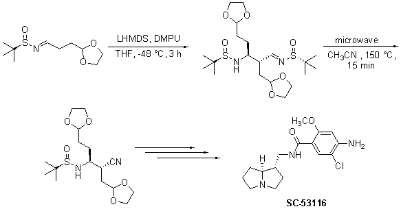 sulfinamides-scheme5 A chemical reaction diagram depicting the synthesis of the compound SC-53116. The process begins with a starting molecule featuring a sulfur atom (S), nitrogen (N), and various functional groups. The first step involves the use of lithium hexamethyldisilazane (LHMD) and N,N'-dimethylpropyleneurea (DMPU) in tetrahydrofuran (THF) at -48°C for 3 hours. The reaction proceeds to a second step involving microwave heating in acetonitrile (CH₃CN) at 150°C for 15 minutes, leading to the formation of an intermediate structure. The final product, SC-53116, is shown on the bottom right, indicating the complete synthesis.