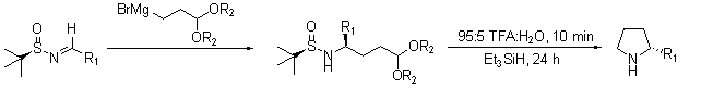 sulfinamides-scheme6 A chemical reaction diagram illustrating a synthetic pathway involving a starting molecule with a sulfur atom (S), nitrogen (N), and various functional groups (R1, R2). The first step shows the addition of an organomagnesium reagent (BrMg) to an intermediate compound, leading to the formation of a new structure. The subsequent reaction involves treatment with a mixture of trifluoroacetic acid (TFA) and water (H₂O) for 10 minutes, followed by the use of triethylsilane (Et₃SiH) over 24 hours. The final product, a cyclic compound featuring nitrogen (N) and R1, is displayed on the right.