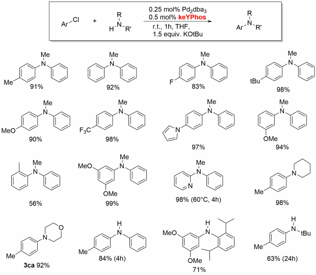 Buchwald-Hartwig Amination with KeYPhos KeYPhos is a valuable ligand for the palladium catalyzed coupling of aryl chlorides with primary and secondary alkyl and aryl amines at room temperature.