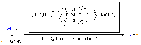 A-Phos refluxed reaction of 1 mol% catalyst with potassium carbonate in the aqueous mixture