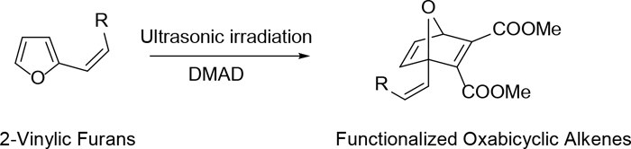 Diels–Alder Reaction Chemical reaction scheme showing the transformation of 2-vinylic furans into functionalized oxabicyclic alkenes through ultrasonic irradiation in the presence of DMAD. The starting material, 2-vinylic furan, has a variable group ‘R’ attached to a five-membered furan ring with a vinyl group at the second position. The product is an oxabicycle with two ester groups (‘COOMe’) and the same variable group ‘R’.