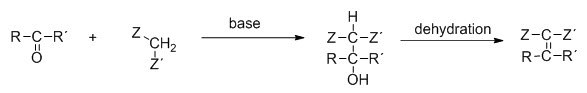 A diagram showing dehydration synthesis of a carbonyl compound with Z and CH2, resulting in Z-C-Z' and R-C-R'.