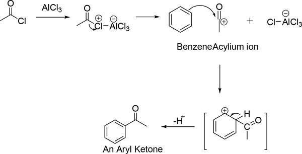 Friedel-Crafts acylation mechanism with an AlCl3 catalyst shown as molecular structures Friedel-Crafts acylation mechanism with an AlCl3 catalyst shown as molecular structures