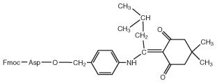 dmab A chemical structure showing an Fmoc-Asp linked to a phenyl group and a complex aromatic compound with alkyl chains.