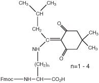 fmoc-dprivdde-oh A chemical structure with an Fmoc-amino acid, a carbonyl group, and a variable alkyl chain (n=1 to 4).