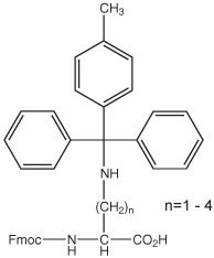 fmoc-dprmtt-oh A chemical structure with three phenyl groups, an amine, and an Fmoc-amino acid with a variable alkyl chain (n=1 to 4).