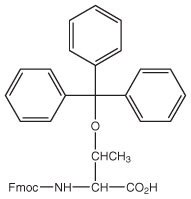 fmoc-thrtrt-oh A chemical structure with a central oxygen atom, three phenyl groups, and an Fmoc-amino acid connected to an ethyl group.