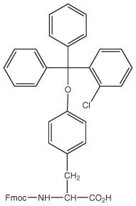 fmoc-tyr2-cltrt-oh A chemical structure featuring a central oxygen atom, three phenyl groups, a chlorine atom, and an Fmoc-amino acid.