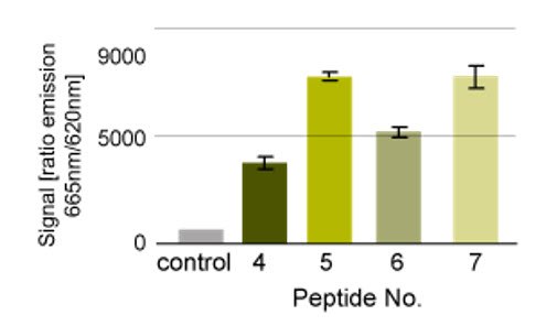 Kinase assay. Peptide 4: biotin-KKKKXXLLDXXXXXXXXXMKDEE-NH<sub>2</sub>; peptide 5: H-KKKKXXLLDXXXXXXXXXMKDEE-NHCH<sub>2</sub>CH<sub>2</sub>NH-biotin; peptide 6; biotin-NH-PEG-KKKKXXLLDXXXXXXXXXMKDEE-NH<sub>2</sub> ; peptide 7: H-KKKKXXLLDXXXXXXXXXMKDEE-NH-PEG-NH-biotin<sup>10</sup>. Kinase assay