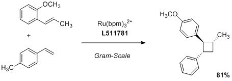 A chemical diagram illustrating a reaction involving Ru(bpm)3²⁺ (L511781) on a gram scale. It shows the starting materials, including a methoxy-substituted benzene and an alkyl-substituted benzene, leading to a product with an 81% yield. A chemical diagram illustrating a reaction involving Ru(bpm)3²⁺ (L511781) on a gram scale. It shows the starting materials, including a methoxy-substituted benzene and an alkyl-substituted benzene, leading to a product with an 81% yield.