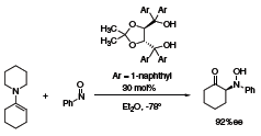 The α-amination of carbonyl compounds has also been accomplished by using the 1-naphthyl TADDOL derivative as a Brønsted acid catalyst The α-amination of carbonyl compounds has also been accomplished by using the 1-naphthyl TADDOL derivative as a Brønsted acid catalyst.