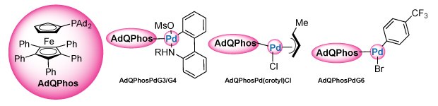 AdQPhos and its precatalysts. The structure of the bulky biaryl phosphine ligand AdQPhos and its coordination to various palladium precatalysts. On the far left, AdQPhos is shown in a large circular highlight, featuring a ferrocene core with two cyclopentadienyl rings. One of the rings is substituted with multiple phenyl groups and a diphosphine side chain, including two bulky adamantyl groups. Moving to the right, three different palladium complexes are illustrated, each coordinated with the AdQPhos ligand. In the first complex, labeled AdQPhosPdG3/G4. In the second structure, labeled AdQPhosPd(crotyl)Cl, the palladium is bonded to a crotyl group and a chloride, forming an allylic complex. In the third structure, labeled AdQPhosPdG6, palladium is coordinated with a bromide and a trifluoromethylated phenyl moiety. In all complexes, the AdQPhos ligand and palladium centers are highlighted with pink ovals, and the Pd atoms themselves are colored blue, emphasizing their central catalytic role.