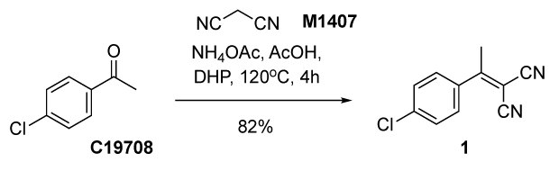 Synthesis of 2-(4-chlorophenyl)malononitrile (1) through Knoevenagel condensation<sup>12</sup> of 4’-chloro acetophenone (C19708) and malononitrile (M1407) in pinane. A chemical reaction scheme depicting the synthesis of 2-(4-chlorophenyl)malononitrile. It consists of molecular structures drawn in black on a white background, showing reactants, reagents, conditions, and the final product. On the left, the reactants are 4'-chloroacetophenone, which has a benzene ring with a chlorine atom attached at the para position and a ketone group, and malononitrile, which has a central carbon bonded to two cyano groups. A rightward arrow indicates the reaction conditions: ammonium acetate (NH₄OAc) and acetic acid (AcOH) in dihydropinene (DHP) at 120°C for 4 hours. On the right, the product, 2-(4-chlorophenyl)malononitrile, is shown with a benzene ring bearing a chlorine substituent and a malononitrile moiety. Below the product, the reaction yield of 82% is specified.