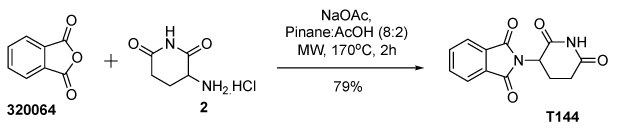 Synthesis of thalidomide (T144) from condensation of phthalic anhydride (320064) and 3-aminopiperidine-2,6-dione in DHP-AcOH mixture. A chemical reaction scheme illustrating the synthesis of thalidomide through a reaction involving sodium acetate in a mixture of pinane and acetic acid in an 8:2 ratio under microwave heating at 170°C for 2 hours. The reactants depicted on the left, include phthalic anhydride and 3-aminopiperidine-2,6-dione. A rightward arrow labeled with reaction conditions leads to the product on the right, which maintains core structural elements but shows modifications indicative of the reaction. Below the product, a yield of 79% is specified.